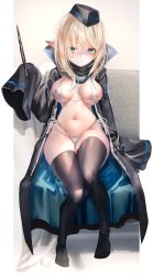 Rule 34 | 1girl, absurdres, arknights, artist name, bikini, black coat, black hat, black thighhighs, blonde hair, blue eyes, blush, breasts, cleavage, closed mouth, clothes writing, coat, commentary, durin (arknights), eyelashes, full body, garrison cap, groin, hair between eyes, hat, highleg, highleg bikini, highres, holding, holding wand, huge filesize, large breasts, looking at viewer, medium hair, midriff, navel, open clothes, open coat, pointy ears, pottsness, side-tie bikini bottom, sitting, sleeves past fingers, sleeves past wrists, solo, stomach, string bikini, swimsuit, thick thighs, thighhighs, thighs, twitter username, wand, white bikini, wide sleeves