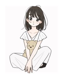 Rule 34 | 1girl, ahoge, black hair, black socks, border, collarbone, dress, frilled sleeves, frills, grey background, highres, indian style, looking at viewer, medium hair, messy hair, momo tarou, original, own hands together, parted lips, short sleeves, simple background, sitting, socks, solo, stuffed animal, stuffed toy, teddy bear, white border, white dress