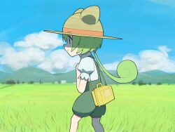 Rule 34 | 1girl, animal ear headwear, bag, blue sky, closed mouth, cloud, fake animal ears, feet out of frame, field, from side, green hair, green shorts, hat, highres, long hair, looking ahead, low ponytail, mountainous horizon, okepi, outdoors, profile, puffy short sleeves, puffy shorts, puffy sleeves, shirt, short sleeves, shorts, shoulder bag, sky, smile, solo, standing, straw hat, suspender shorts, suspenders, v-shaped eyebrows, voicevox, white shirt, yellow eyes, zundamon