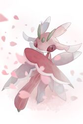 Rule 34 | blurry, blurry foreground, claws, commentary request, creatures (company), falling petals, full body, game freak, gen 7 pokemon, highres, lurantis, nintendo, no humans, petals, pokemon, pokemon (creature), red eyes, solo, standing, wafu pkmn, white background