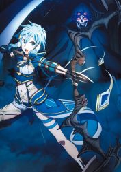 Rule 34 | 1boy, 1girl, armor, arrow (projectile), asymmetrical clothes, black gloves, black panties, blue eyes, blue hair, bow (weapon), cleaned, faulds, fingerless gloves, floating hair, forest, gloves, hair between eyes, hair tubes, highres, holding, holding arrow, holding bow (weapon), holding weapon, leg up, looking at viewer, midriff, nature, navel, night, official art, open mouth, panties, red eyes, short hair with long locks, short shorts, shorts, sidelocks, sinon, sinon (solus), stomach, sword art online, sword art online: alicization, thighs, underwear, v-shaped eyebrows, v arms, weapon, white shorts