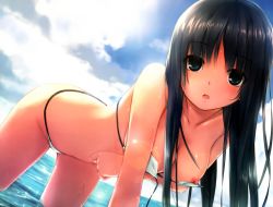 Rule 34 | 1girl, absurdres, all fours, bare arms, bare shoulders, bikini, black hair, blue eyes, blue sky, breast hold, breasts, cleavage, cloud, cloudy sky, coffee-kizoku, collarbone, day, hanging breasts, highres, horizon, lens flare, long hair, looking at viewer, medium breasts, nipple slip, nipples, ocean, open mouth, original, outdoors, partially submerged, scan, shiramine rika, sky, solo, string bikini, swimsuit, untied bikini, wading, wardrobe malfunction, water, wet, white bikini