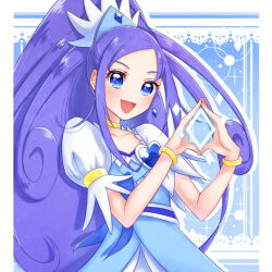 Rule 34 | 1girl, blue background, blue bow, blue eyes, blue hair, bow, bracelet, brooch, choker, crystal earrings, cure diamond, diamond hands, dokidoki! precure, earrings, hair ornament, heart, heart brooch, high ponytail, highres, hishikawa rikka, jewelry, long hair, looking at viewer, magical girl, open mouth, ponytail, precure, smile, solo, tanshi tanshi, upper body, wide ponytail, yellow choker