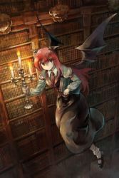 Rule 34 | 1girl, arm strap, bat wings, black footwear, black vest, black wings, book, bookshelf, breasts, candle, candlelight, candlestand, carrying, carrying under arm, closed mouth, dress shirt, fire, flying, fog, from above, full body, hair between eyes, head wings, holding, holding book, koakuma, kukkuru, library, long hair, long sleeves, looking at viewer, multiple wings, necktie, red eyes, red hair, red necktie, shirt, shoes, skirt, skirt set, smile, socks, solo, touhou, vest, white socks, wings