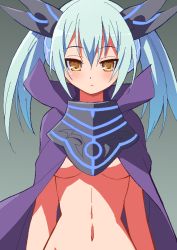 Rule 34 | 10s, 1girl, 9law, :&lt;, bad id, bad pixiv id, blue hair, bottomless, breasts, cape, cardfight!! vanguard, darkness maiden macha, frown, looking at viewer, navel, neon trim, out-of-frame censoring, shadow paladin, small breasts, solo, twintails, underboob, yellow eyes