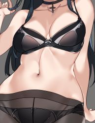 Rule 34 | 1girl, absurdres, arm support, bad id, bad twitter id, black bra, black panties, blue hair, bra, breasts, choker, cleavage, collarbone, cross, cross choker, crotch seam, grey background, head out of frame, highres, long hair, love live!, love live! sunshine!!, medium breasts, panties, panties under pantyhose, pantyhose, rosary, sidelocks, simple background, solo, tem10, tsushima yoshiko, underwear, underwear only, unfinished