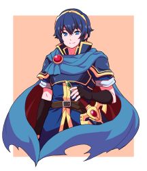 Rule 34 | 1boy, arm at side, armor, belt, belt buckle, black gloves, blue cape, blue eyes, blue hair, breastplate, brooch, brown belt, brown cape, buckle, cape, closed mouth, cropped legs, fingerless gloves, fire emblem, fire emblem: mystery of the emblem, fire emblem heroes, gem, gloves, hair between eyes, hair ornament, hairband, high collar, highres, jewelry, looking at viewer, male focus, marth (fire emblem), nintendo, pauldrons, pink background, scabbard, sheath, sheathed, short sleeves, shoulder armor, sidelocks, smile, solo, standing, sword, torn cape, torn clothes, tunic, weapon, white background, yokoyoko (nazonazo)