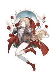 Rule 34 | 1girl, absurdres, bird, boots, brown hair, cloak, flower, frilled leotard, frills, full body, highres, hood, hooded cloak, juliet sleeves, leotard, light brown hair, long hair, long sleeves, looking at viewer, open mouth, pantyhose, puffy sleeves, red flower, red footwear, red riding hood (sinoalice), red rose, rose, shaokao range, simple background, sinoalice, smile, solo, teeth, very long hair, white background, white pantyhose, yellow eyes