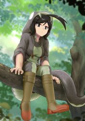 Rule 34 | 1girl, :/, absurdres, ahoge, animal hood, black eyes, black hair, black mamba (kemono friends), blurry, blurry background, boots, branch, closed mouth, day, drawstring, expressionless, eyelashes, fingernails, full body, hand rest, highres, hood, hood up, hoodie, huge ahoge, in tree, kemono friends, leaf, leaning forward, long tail, looking at viewer, nso mono, outdoors, pantyhose, sitting, sitting in tree, skirt, snake hood, snake tail, solo, tail, tree, tsurime
