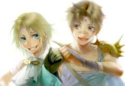 Rule 34 | 00s, 1990s (style), 2boys, amano yoshitaka design, backlighting, bad id, bad pixiv id, bandages, bandaid, bandaid on face, bandaid on nose, blonde hair, brown eyes, brown hair, bartz klauser, dissidia final fantasy, earrings, final fantasy, final fantasy ix, final fantasy v, gloves, green eyes, grin, jewelry, looking at another, male focus, multiple boys, noako, open mouth, retro artstyle, short hair, smile, upper body, white background, zidane tribal