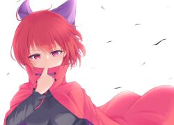 Rule 34 | 1girl, absurdres, bow, cloak, commentary request, donnon08, hair bow, highres, long sleeves, looking at viewer, purple bow, red eyes, red hair, sekibanki, short hair, simple background, solo, touhou, upper body, white background
