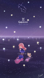 Rule 34 | 1girl, brown eyes, cat, character name, commentary, constellation, copyright name, dated, dated commentary, dress, english commentary, gemini (constellation), gemini (symbol), gemini (zodiac), highres, miracle nikki, momo (miracle nikki), night, night sky, nikki (miracle nikki), official art, open mouth, pink hair, purple dress, reflection, reflective water, shining nikki, shooting star, sky, standing, standing on liquid, star (sky), starry sky, white cat, yellow cloak, zodiac