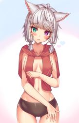 Rule 34 | animal ears, warrior of light (ff14), bare arms, black shorts, breasts, cat ears, collarbone, commentary, facial mark, final fantasy, final fantasy xiv, green eyes, grey hair, heterochromia, highres, jacket, kaptivate, looking at viewer, medium breasts, navel, open mouth, original, purple eyes, red jacket, revealing clothes, short hair, short shorts, shorts, solo, twintails, white hair