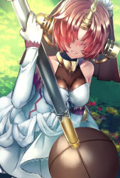 Rule 34 | 1girl, bare shoulders, breasts, cleavage, detached sleeves, dress, fate/apocrypha, fate (series), frankenstein&#039;s monster (fate), gloves, grass, hair over eyes, headgear, horns, looking at viewer, mace, mechanical horns, medium breasts, motivation (user kace3282), on grass, pink hair, see-through, see-through cleavage, short hair, single horn, sitting, smile, solo, veil, weapon, wedding dress, white dress, white gloves, white sleeves