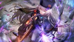 Rule 34 | 1girl, attack, charlotta skopovskaya, doll, grey hair, grey pantyhose, hat, heaven burns red, highres, holding, holding weapon, long hair, non-web source, official art, pantyhose, russian clothes, solo, squatting, weapon, yellow eyes