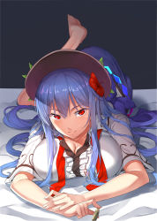 Rule 34 | 1girl, black background, black hat, blue hair, blue skirt, blush, breast press, breasts, circle name, cleavage, coin, collarbone, flower, food, fruit, hair flower, hair ornament, hat, hibiscus, hinanawi tenshi, large breasts, leaf, long hair, looking at viewer, lying, neropaso, on stomach, peach, rainbow order, red eyes, shirt, sidelocks, simple background, skirt, smile, solo, touhou, white shirt