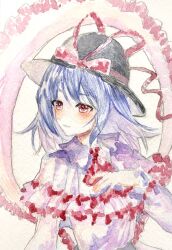 Rule 34 | 1girl, black hat, blush, bow, commentary, hat, hat bow, highres, long sleeves, looking at viewer, nagae iku, navybluesparrow, red bow, red eyes, shawl, simple background, solo, touhou, traditional media, upper body