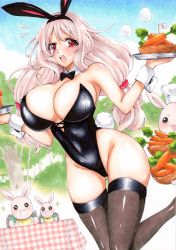 Rule 34 | 1girl, absurdres, animal ears, black thighhighs, blush, breasts, carrot, chef hat, cleavage, day, dishes, fake animal ears, fake tail, food, hat, highres, hmdark-9, holding, holding tray, large breasts, leg lift, leotard, long hair, open mouth, original, outdoors, pink hair, playboy bunny, rabbit, rabbit ears, rabbit tail, red eyes, saliva, sky, solo, tail, thighhighs, traditional media, tray, twintails, wrist cuffs