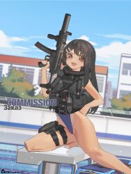 Rule 34 | 1girl, artist name, black hair, blue one-piece swimsuit, brown eyes, chinese commentary, commentary request, commission, competition swimsuit, english text, fang, foot out of frame, full body, gun, h&amp;k mp5, h&amp;k mp5sd, hair ornament, hairpin, hand on own hip, highleg one-piece swimsuit, highres, holding, holding gun, holding weapon, holster, ijiranaide nagatoro-san, knife, load bearing vest, looking at viewer, multiple hairpins, nagatoro hayase, one-piece swimsuit, open mouth, outdoors, pool, rosetta(obsidian117), russian text, sheath, sheathed, skin fang, smile, solo, submachine gun, suppressor, swimsuit, tactical clothes, tan, tanline, thigh holster, translated, trigger discipline, two-tone swimsuit, weapon, white one-piece swimsuit