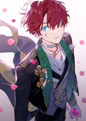 Rule 34 | 1boy, amagi hiiro, aqua eyes, black pants, blood, blood on face, buttons, choker, commentary, cowboy shot, ensemble stars!, flower, gloves, gradient background, jewelry, long sleeves, male focus, necklace, pants, parted lips, petals, red hair, seuga, short hair, solo, symbol-only commentary, white choker, white gloves