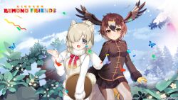 Rule 34 | 2girls, alpaca suri (kemono friends), animal ears, bird girl, bird tail, bird wings, blue eyes, boots, bow, bowtie, brown eyes, brown hair, bug, butterfly, cardigan, extra ears, gloves, golden eagle (kemono friends), grey hair, head wings, highres, insect, jacket, kemono friends, kemono friends kingdom, looking at viewer, multiple girls, nature, official art, outdoors, pantyhose, scarf, shirt, short hair, shorts, skirt, tail, wings