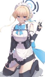 Rule 34 | 1girl, apron, black thighhighs, blonde hair, blue archive, blue eyes, blue halo, blush, breasts, closed mouth, earpiece, fingerless gloves, frilled apron, frills, gloves, haine (artist), halo, highres, kneeling, looking at viewer, maid, maid apron, maid headdress, medium breasts, short hair, simple background, solo, thighhighs, toki (blue archive), v, white apron, white background