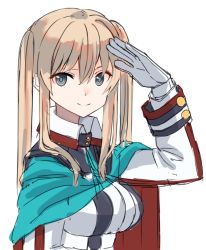 Rule 34 | 1girl, blonde hair, blue cape, cape, closed mouth, fictional persona, gloves, graf zeppelin (kancolle), grey eyes, hand up, kantai collection, long sleeves, looking at viewer, luicent, quad tails, red cape, salute, sidelocks, simple background, smile, solo, twintails, two-sided cape, two-sided fabric, upper body, white background, white gloves