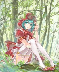 Rule 34 | &gt; &lt;, 1girl, adjusting clothes, adjusting headwear, apple, aqua eyes, aqua hair, bad id, bad pixiv id, basket, bottle, bow, commentary, cosplay, dress, dress bow, food, frilled dress, frills, fruit, grapes, hat, hatsune miku, highres, holding legs, little red riding hood, little red riding hood (grimm), little red riding hood (grimm) (cosplay), looking at viewer, outdoors, red bow, red dress, red hood, ribbon, sitting, smile, solo, sun (sunsun28), thighhighs, tree, vocaloid, wolf, yellow ribbon