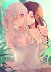Rule 34 | 2girls, absurdres, artist name, blush, breasts, brown eyes, brown hair, cleavage, closed mouth, commentary request, hair over one eye, harimaki0, highres, leaf, looking at another, multiple girls, naked towel, nijisanji, one eye closed, partially submerged, pink eyes, shadow, shirayuki tomoe, smile, sukoya kana, towel, virtual youtuber, wet, white hair, yuri