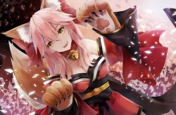Rule 34 | animal ears, animal hands, bare shoulders, bell, breasts, cat paws, collar, collarbone, detached sleeves, fang, fangs, fate/grand order, fate (series), fox ears, fox tail, gloves, jingle bell, large breasts, looking at viewer, namii, neck bell, open mouth, paw gloves, pink hair, solo, tail, tamamo (fate), tamamo cat (fate), tamamo cat (first ascension) (fate), yellow eyes