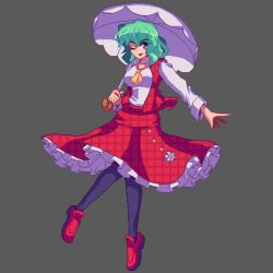Rule 34 | 1girl, ascot, black thighhighs, breasts, frilled skirt, frills, full body, green hair, grey background, holding, holding umbrella, kazami yuuka, large breasts, long sleeves, looking at viewer, lowres, mary janes, one eye closed, open mouth, pantyhose, parasol, pixel art, plaid, plaid skirt, plaid vest, potemki11, red eyes, red footwear, shirt, shoes, short hair, simple background, skirt, solo, thighhighs, touhou, umbrella, vest, white shirt, yellow ascot