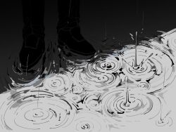 Rule 34 | funeral of the dead butterflies, greyscale, highres, lobotomy corporation, lower body, maskv, monochrome, pants, project moon, rain, ripples, shoes, water