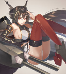 Rule 34 | 1girl, ass, black gloves, black hair, breasts, cannon, commentary request, elbow gloves, fingerless gloves, gloves, grey background, headgear, highres, kabocha (monkey4), kantai collection, large breasts, long hair, machinery, miniskirt, nagato (kancolle), panties, pleated skirt, red eyes, red neckwear, simple background, skirt, smokestack, solo, thighhighs, turret, underwear, white panties, white skirt