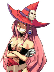 Rule 34 | 1girl, bare shoulders, big hair, breast hold, breasts, choker, cleavage, corset, crossed arms, drawfag, earrings, fang, gloves, grin, hat, heterochromia, jewelry, large breasts, long hair, looking at viewer, luminous arc, non-web source, pink hair, simple background, single glove, smile, solo, star (symbol), tattoo, upper body, vanessa (luminous arc), white background, witch hat