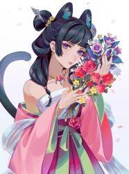 Rule 34 | 1girl, animal ear fluff, animal ears, blue eyes, blunt bangs, bouquet, cat ears, cat tail, chinese clothes, commentary, earrings, english commentary, eyelashes, flower, flower necklace, green hair, green robe, hair ornament, hair over shoulder, hairpin, half updo, hands up, highres, holding, holding bouquet, jewelry, kemonomimi mode, kusuriya no hitorigoto, lips, long sleeves, looking at viewer, maomao (kusuriya no hitorigoto), multicolored robe, necklace, orange nails, pink robe, purple sash, robe, rose, sash, simple background, solo, tail, white background, wide sleeves, yubuki i