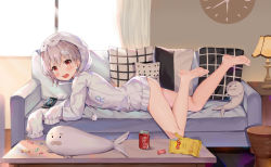 Rule 34 | 1girl, absurdres, animal hood, ass, barefoot, can, candy wrapper, clock, copyright request, couch, drink can, fate/grand order, fate (series), grey hair, highres, hokori sakuni, hood, hoodie, lampshade, legs up, long sleeves, looking at viewer, lying, official art, on couch, on stomach, open mouth, phone, pillow, red eyes, shirakami haruka, short hair, sleeves past fingers, sleeves past wrists, soda can, solo, stuffed seal, stuffed toy, table, thighs, virtual youtuber