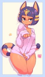 Rule 34 | 1girl, animal crossing, animal ears, ankha (animal crossing), artist name, blue border, blue hair, blunt bangs, blush, bob cut, border, bottomless, bra, breast pocket, breasts, cat ears, cat tail, choker, cleavage, closed mouth, collarbone, collared shirt, cropped legs, drop shadow, egyptian, embarrassed, female focus, furry, furry female, gold, hair ornament, half-closed eyes, hand up, happy, highres, legs together, light blush, long sleeves, looking at viewer, medium breasts, nintendo, outline, outside border, oversized clothes, oversized shirt, paw pose, pocket, pout, raised eyebrow, shiny skin, shirt, shirt tug, short hair, signature, simple background, sleeves past wrists, smile, snake hair ornament, solo, standing, star (symbol), starmilk, sweat, tail, thick thighs, thighs, twitter username, underwear, watermark, white bra, white choker, white outline, white shirt, wide hips, yellow background