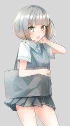 Rule 34 | 1girl, arm up, bag, blush, bob cut, comah, cowboy shot, grey background, grey skirt, hand up, looking at viewer, open mouth, original, pleated skirt, school uniform, short hair, silver hair, simple background, skirt, solo, sweater vest, thighs, yellow eyes
