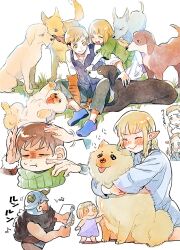 Rule 34 | 2girls, 3boys, :t, = =, ^ ^, aged down, animal, animal hug, beard, blonde hair, blue footwear, blue vest, braid, brother and sister, cat, cheek poking, chilchuck tims, child, closed eyes, commentary, dog, doll, dress, dungeon meshi, elf, facial hair, facing viewer, fake horns, falin touden, falin touden (tallman), gerende15, grass, green scarf, headpat, helmet, highres, horned helmet, horns, laios touden, looking at animal, marcille donato, multiple boys, multiple braids, multiple girls, on grass, open mouth, pointy ears, poking, scarf, senshi (dungeon meshi), shaded face, shirt, shoes, short hair, siblings, simple background, sitting, smile, sweatdrop, vest, white background, white dress, white shirt