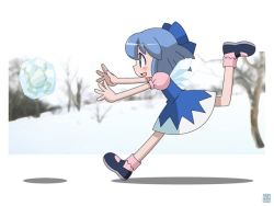 Rule 34 | 1girl, blue hair, blush, cirno, fairy, female focus, frog, hair ornament, hair ribbon, hatomugisan, ice, ice wings, mary janes, open mouth, outstretched arms, puffy sleeves, ribbon, running, shadow, shoes, smile, snow, socks, solo, touhou, wings