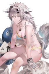 Rule 34 | 1girl, animal ears, arknights, bikini, blazpu, blue nails, breasts, cleavage, collarbone, commentary, feet out of frame, fingerless gloves, gloves, grey eyes, grey hair, hair between eyes, hair intakes, highres, jewelry, lappland (arknights), large breasts, lips, lock, long hair, looking at viewer, messy hair, nail polish, padlock, pendant, scar, scar across eye, scar on face, simple background, sitting, solo, swimsuit, tail, very long hair, white background, white gloves, wolf ears, wolf girl, wolf tail, yellow bikini