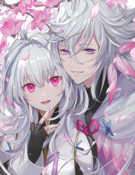 Rule 34 | 1boy, 1girl, :d, dual persona, duplicate, eyes visible through hair, fate/grand order, fate/grand order arcade, fate/prototype, fate (series), fingerless gloves, flower, gloves, hair between eyes, highres, looking at viewer, matsurika youko, merlin (fate), merlin (fate/prototype), merlin (fate/prototype) (second ascension), open mouth, pink eyes, pixel-perfect duplicate, purple eyes, smile, teeth, tongue, upper body, white hair