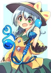 Rule 34 | 1girl, absurdres, aqua background, aqua hair, black hat, blouse, blush, buttons, closed mouth, collared shirt, corded phone, diamond button, eyeball, frilled shirt collar, frilled sleeves, frills, green eyes, green skirt, hair between eyes, hat, hat ribbon, heart, heart of string, highres, komeiji koishi, long sleeves, medium hair, open mouth, phone, ribbon, rpameri, shirt, simple background, skirt, smile, solo, third eye, touhou, two-tone background, wavy hair, white background, wide sleeves, yellow shirt