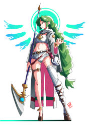 Rule 34 | 1girl, alternate costume, automatic giraffe, ball, belt, black scarf, bracelet, breasts, forehead jewel, from side, green hair, grey jacket, holding, holding ball, holding lance, holding polearm, holding weapon, jacket, jewelry, jug (bottle), kid icarus, kid icarus uprising, lance, long hair, long jacket, looking ahead, low-tied long hair, medium breasts, midriff, navel, nintendo, open clothes, open fly, open hand, open jacket, palutena, parted bangs, polearm, red eyes, scarf, short shorts, shorts, single thighhigh, solo, standing, thigh strap, thighhighs, very long hair, weapon