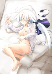 Rule 34 | 1girl, barefoot, bed, blush, breasts, feet, hair ornament, headphones, large breasts, lying, maszom, navel, nipples, no bra, no pants, on side, open clothes, open mouth, open shirt, panties, pillow, pink panties, ponytail, ribbon, shirt, solo, underwear, vocaloid, white hair, yowane haku