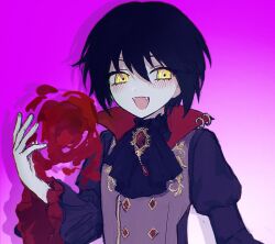 Rule 34 | 1boy, ascot, black ascot, black hair, black shirt, blush, facing viewer, fangs, gradient background, grey background, grey vest, highres, long sleeves, looking to the side, mahoutsukai no yakusoku, male focus, multicolored background, open mouth, purple background, shirt, short hair, smile, solo, vampire, vest, white (mahoutsukai no yakusoku), xiyuqian, yellow eyes