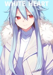 Rule 34 | 1girl, absurdres, alternate costume, blue hair, blush, buran buta, casual, character name, coat, fur-trimmed coat, fur trim, hair between eyes, highres, looking at viewer, neptune (series), power symbol, power symbol-shaped pupils, red eyes, short hair with long locks, smile, solo, striped, sweater, symbol-shaped pupils, upper body, vertical stripes, white coat, white heart (neptunia), winter clothes