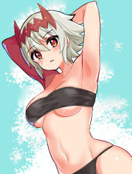 Rule 34 | 1girl, abs, armpits, arms behind head, bandeau, bare shoulders, black panties, blue background, breasts, colored skin, commentary, cougar (cougar1404), dragon: marked for death, empress (dmfd), facial scar, grey hair, headgear, large breasts, looking at viewer, panties, red eyes, red headwear, red skin, scar, scar on cheek, scar on face, short hair, solo, standing, underwear