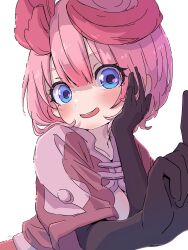 Rule 34 | 1girl, absurdres, artist logo, blue eyes, blush, bob cut, center-flap bangs, cleavage cutout, clothing cutout, elbow gloves, gloves, hand on own face, highres, jacket, made in abyss, multicolored hair, open clothes, open mouth, pink hair, pink jacket, reaching, reaching towards viewer, sekaineko 001, streaked hair, tepaste, upper body, white background