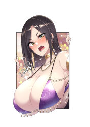 Rule 34 | 1girl, armlet, bare shoulders, bikini, black hair, blush, breasts, cleavage, collarbone, earrings, green eyes, highres, idolmaster, idolmaster cinderella girls, jewelry, large breasts, long hair, looking at viewer, mukai takumi, neck ring, necklace, open mouth, parted bangs, purple bikini, sian, solo, sparkle, swimsuit